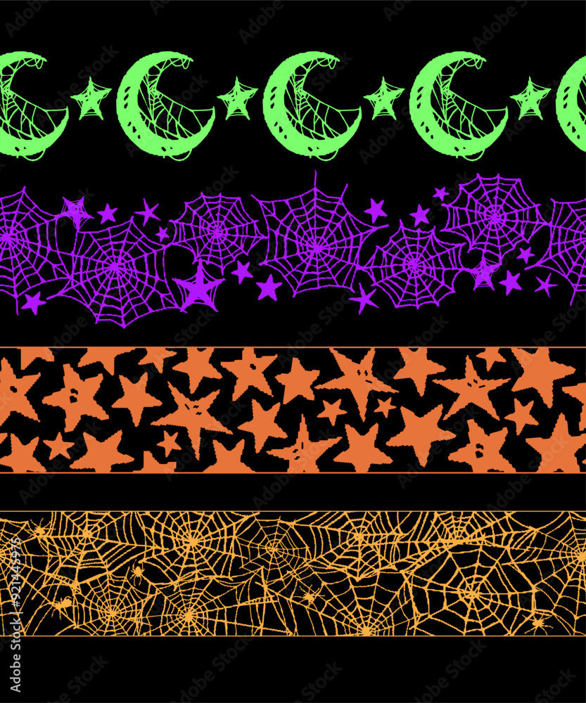Canvas Prints vector set of bright hand drawn spider webs. seamless patterns, on black background