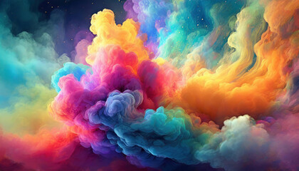 Fototapeta premium Colorful dense smoke clouds flow abstract painting art wallpaper or background. Multicolor, fuchsia pink, orange, purple, blue, yellow, turquoise green gases expansion and condensation on sky space. 