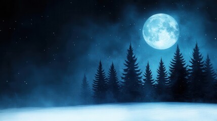 A serene night landscape with a full moon illuminating a forest of pine trees, creating an enchanting and mystical atmosphere.