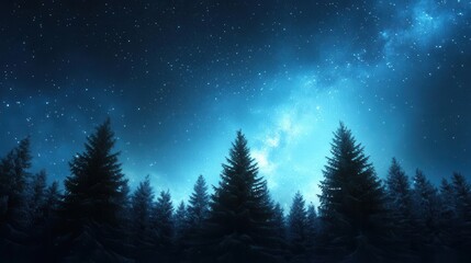 A serene night sky filled with stars, illuminated by a soft blue glow, casting shadows among tall pine trees.