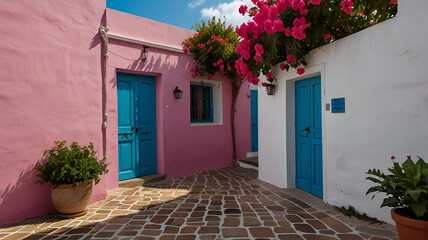Picturesque street scene in a Mediterranean village, characterized by its bright and vibrant colors. 