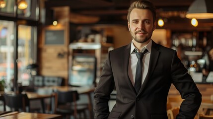 Handsome man in a black suit. Businessman working in a cafe