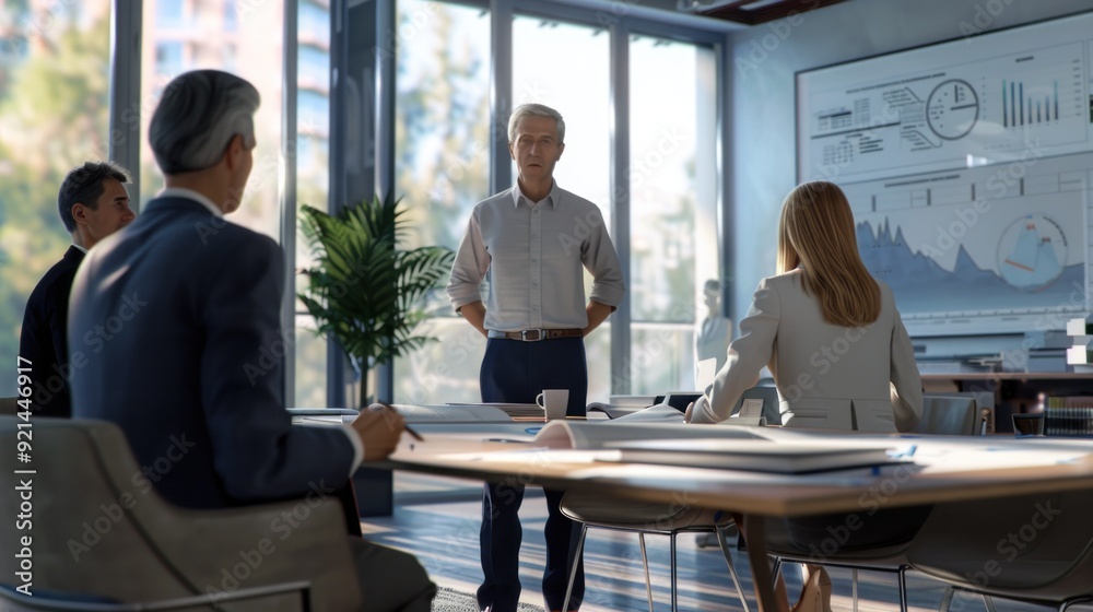 Wall mural generate a photo realistic image of a construction project team in a meeting to discuss financial pr