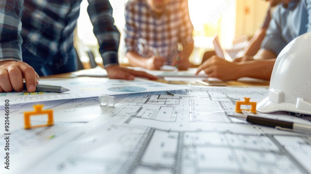 Wall mural generate a photo realistic image of a construction project team in a meeting to discuss financial pr