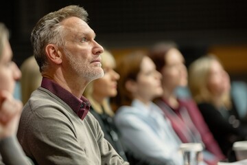 A mature man is sitting at a corporate business seminar. For business presentations, corporate training, and educational content. Banner with copy space