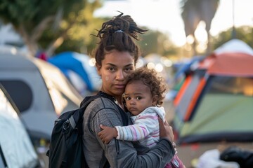 A mom with a baby in her arms. Community unification in tent cities. Concept of unity and support for the homeless people