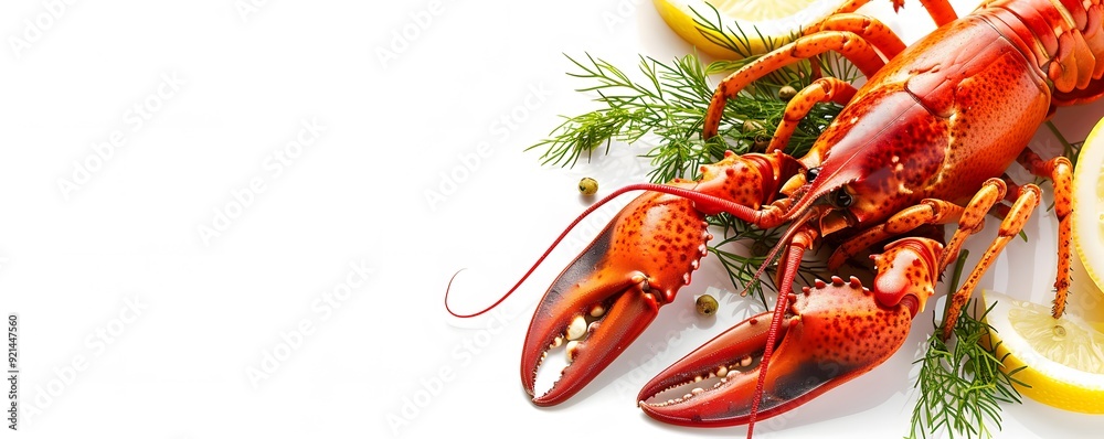 Wall mural cooked lobster with lemon and dill on white background