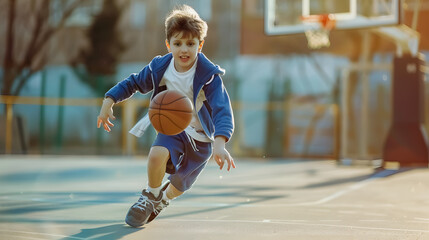 Naklejka premium Junior Basketball Player: Young basketball player bouncing a classic ball during a basketball 