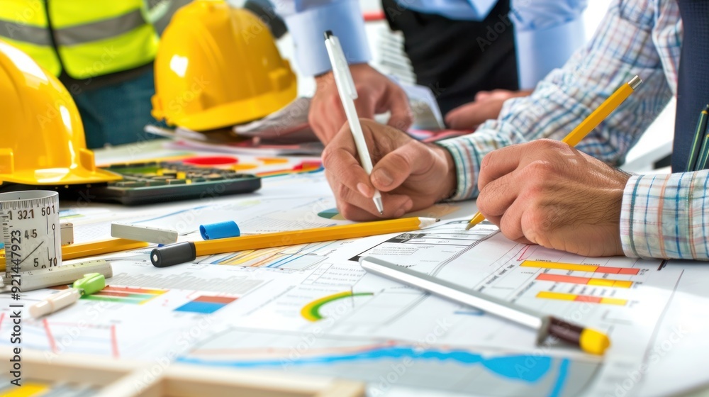 Wall mural generate a photo realistic image of a construction project team strategizing budget planning techniq