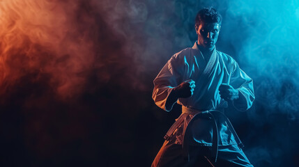 Obraz premium Karate Fighter on Dark Background: Karate martial arts fighter against a dark background.