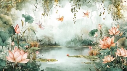 Dreamy watercolor fairy garden filled with pastel-toned flora and charming fairies, creating a whimsical scene for children's decor