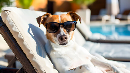 Carefree dog wearing sunglasses relaxing and sunbathing on a comfortable sun lounger in a sunny tropical outdoor setting during a summer vacation