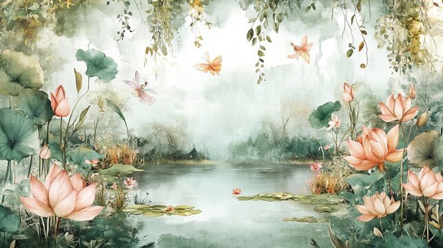 Dreamy watercolor fairy garden filled with pastel-toned flora and charming fairies, creating a whimsical scene for children's decor