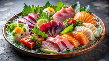 Assortment of beautifully arranged sashimi featuring a variety of freshly sliced raw fish , Japanese cuisine