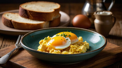 a plated breakfast dish, the scrambled eggs glisten with buttery perfection