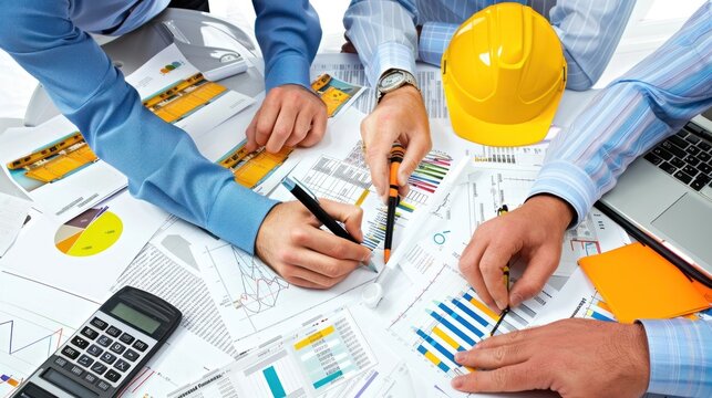 Generate a photo realistic image of a construction project team analyzing cost estimations, with detailed financial charts and analysis reports; ensure the image is of high resolution for clear - Powered by Adobe