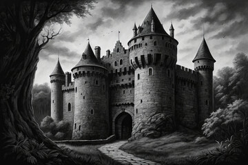 Fototapeta premium a black and white drawing of a castle, a charcoal drawing