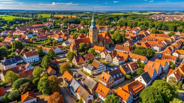 Aerial view of the historic town of Parchim in Germany , Parchim, architecture, old town, medieval, cityscape, river, Elbe