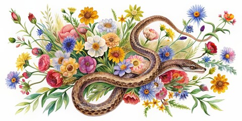 Watercolor of a snake slithering through a bouquet of wildflowers in a Western theme setting, snake, bouquet, flowers