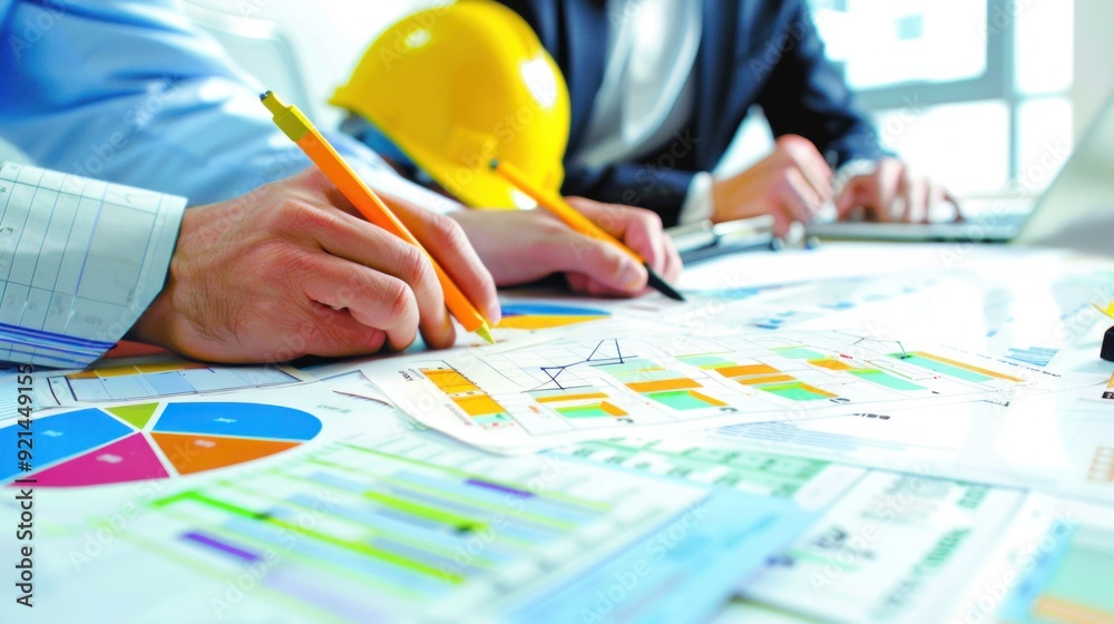 Wall mural generate a photo realistic image of a construction project team strategizing financial review method