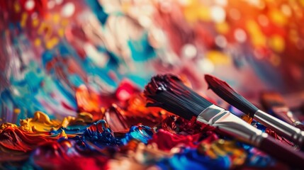 Obraz premium Brushes in a Palette of Vivid Colors, Macro Closeup , paint , art , brush , artist