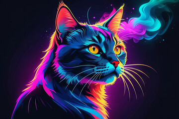 neon colours, cartoon style illustration of a cat