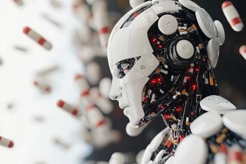 Fototapeta premium Side profile of a futuristic humanoid robot with exposed mechanics and pill structures representing the convergence of robotics pharmaceuticals and digital health in a sci fi world