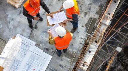 Generate a photo realistic image of a construction project team strategizing financial review methods, with detailed budgeting charts and review strategies; ensure the image is of high resolution 