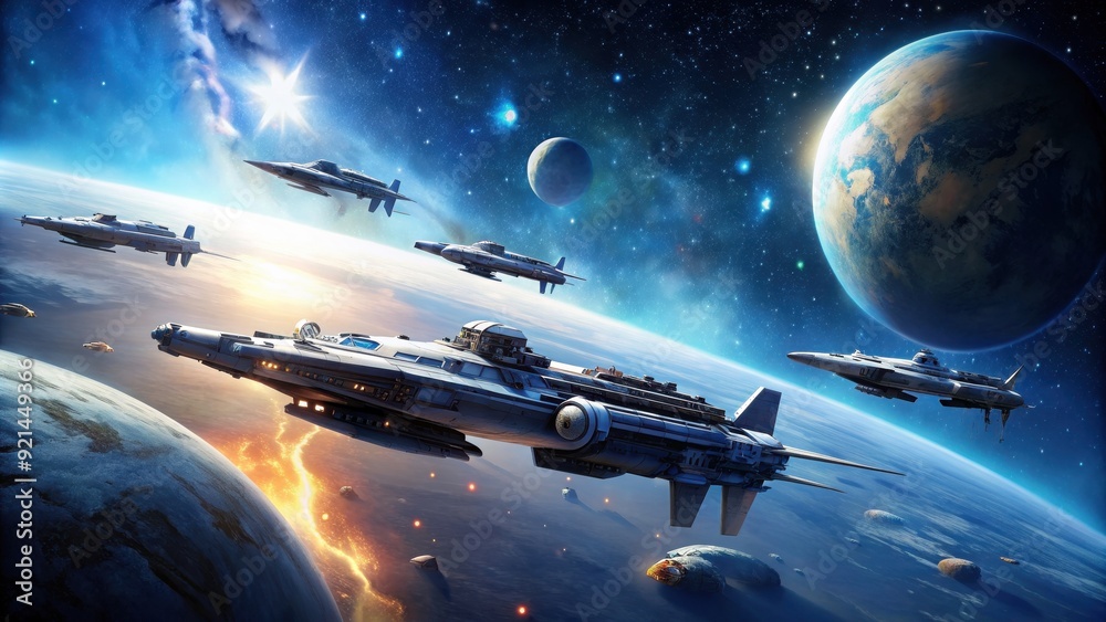 Wall mural sleek fleet of spaceships traveling through space with detailed otherworldly background, spaceships,