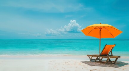 Obraz premium A tranquil beach scene featuring a yellow umbrella and lounge chair by the water.