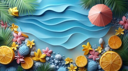 A vibrant beach scene with waves, tropical plants, and decorative elements.