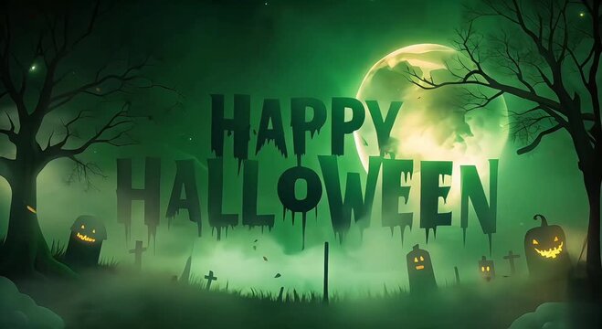 Halloween-themed green background with a ghostly moon and bats, text Happy Halloween in a spooky font with dripping blood effects.