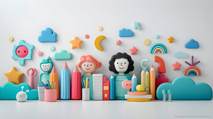 Enchanted 3D Flat Icon People with Office Supplies and Smiling Faces for Magical Work Env   White Background