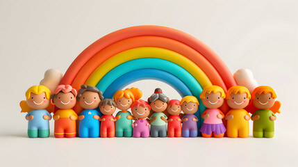 3D Flat Icon People Admiring Enchanted Rainbows with Smiling Faces on Whimsical Background   Magical and Happy Friendly Environment with Ample Space for Text or Graphics, Isolated 
