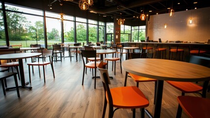 Fototapeta premium Bright and inviting cafe with a stylish design, emphasizing natural light and cozy seating areas
