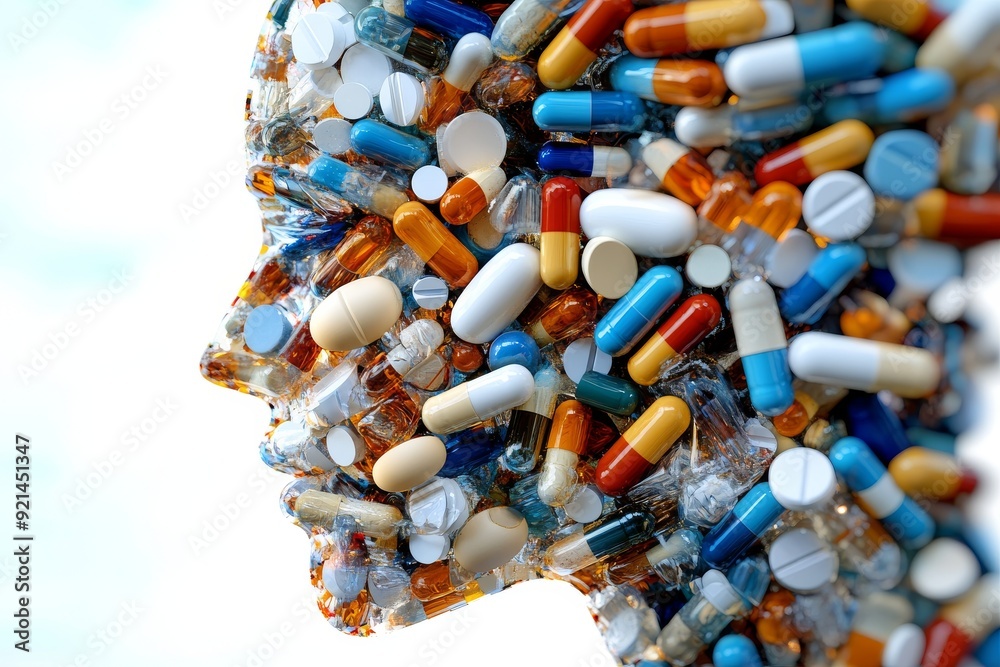 Sticker robot head encrusted with colorful pills depicting the integration of healthcare and ai technology