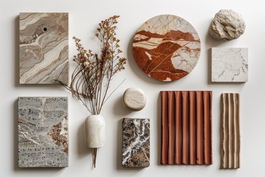 interior design moodboard with marble, mocha brown, terracotta and wood samples on a white background
