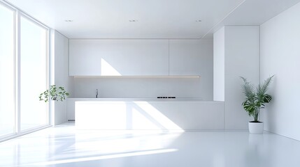 Fototapeta premium A bright minimalist kitchen with clean lines, white cabinets, and minimal decor.