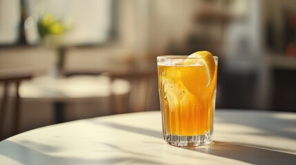 A chilled glass of honey lemon juice with condensation, on a white