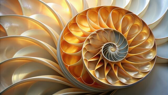 Spiral nautilus shell with intricate Fibonacci section patterns