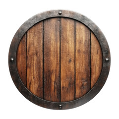 Fototapeta premium Wooden Shield With Metal Rim And Polished Finish, Isolated On Transparent Png Background, Ideal For Defensive Items In Fantasy Or Medieval Games . Generative ai
