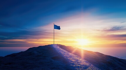 Bright path winding to a summit flag, denoting goals and milestones Deep blue tones, inspirational theme