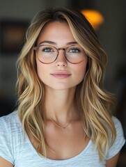 Obraz premium A young Caucasian woman with long, wavy blonde hair wearing glasses and a white sweater
