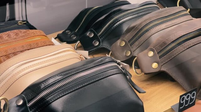 Luxury Leather Fanny Pack Collection: Smooth, Nubuck, Vintage & Woven Styles | Trendy Waist Bags Showcase in Accessory Store | Diverse Hip Pack Display for Urban Fashion & Travel