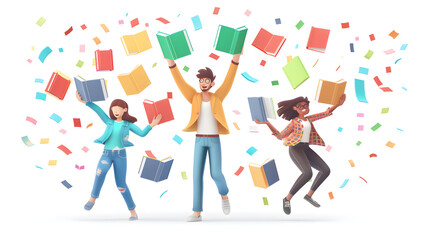 3D Flat Icon People Glowing Documents Joyful Expressions Fantasy Background   Productive Happy Working Environment Isolated