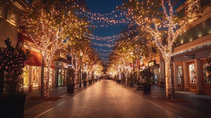 A festival street with sparkling lights draped over trees and buildings.