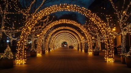 A festive street with arches of lights creating a tunnel effect.