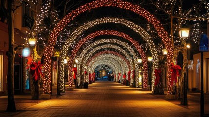 Fototapeta premium A festive street with arches of lights creating a tunnel effect.