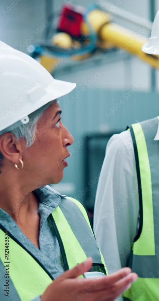 Poster mature, people and conversation with tablet or machine for design review, inspection results or comp