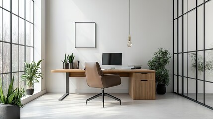 Fototapeta premium A minimalist home office with a large desk, a comfortable chair, and no unnecessary items.